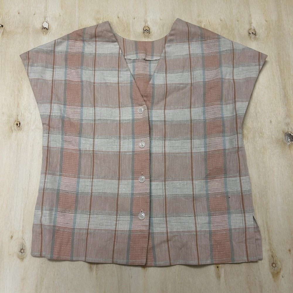 Vintage Plaid Blouse Womens 8 Beige Cotton Blend V Neck Dolman Short Sleeve